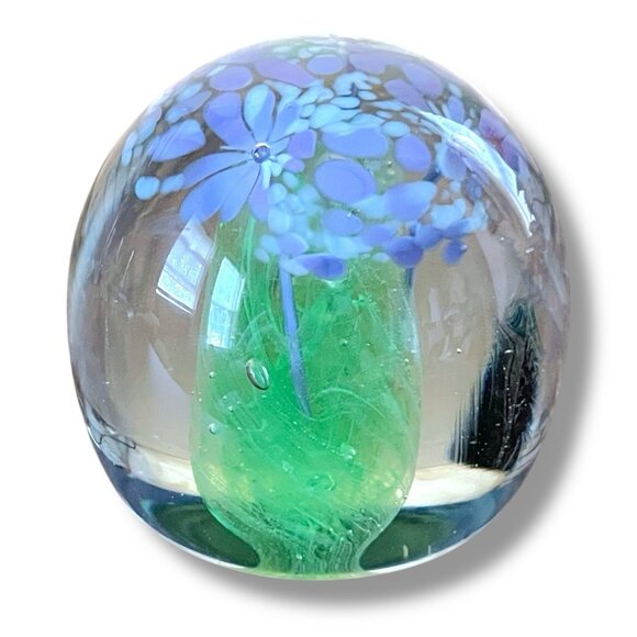 Vintage Kerry Art Glass Ireland Paperweight Purple White Green Floral Flowers 3" - Picture 6 of 8
